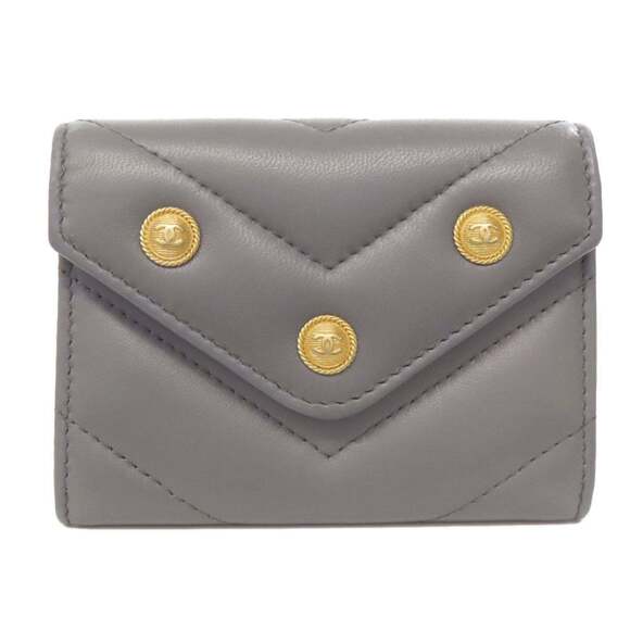CHANEL Handbags - CHANEL Authentic Gray Lambskin Leather Logo Wallet